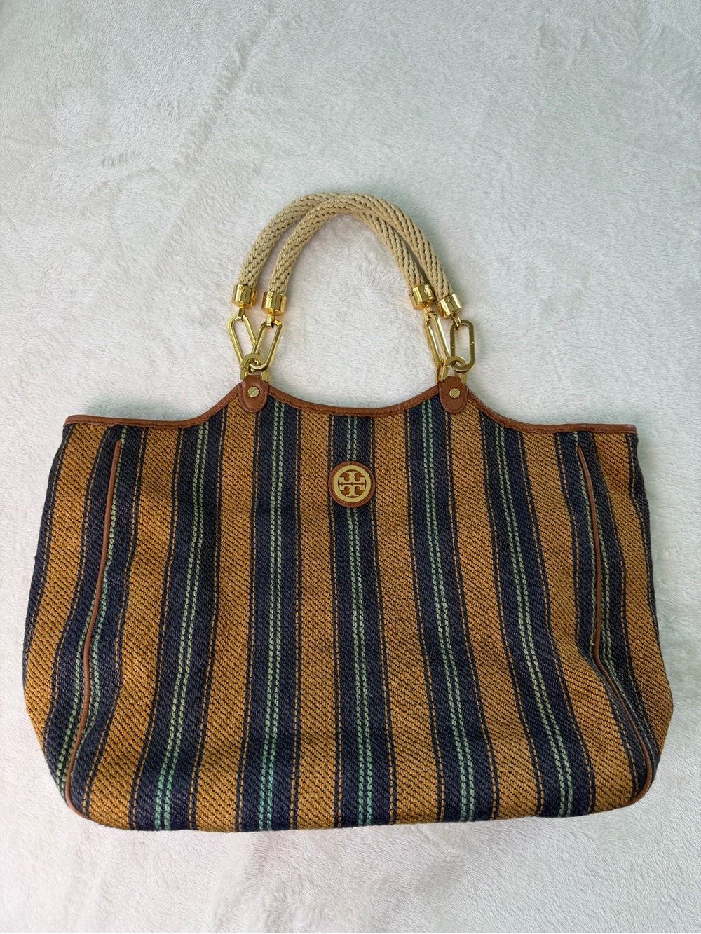Tory Burch Striped Canvas Tote with Rope Handles in Tan and Navy